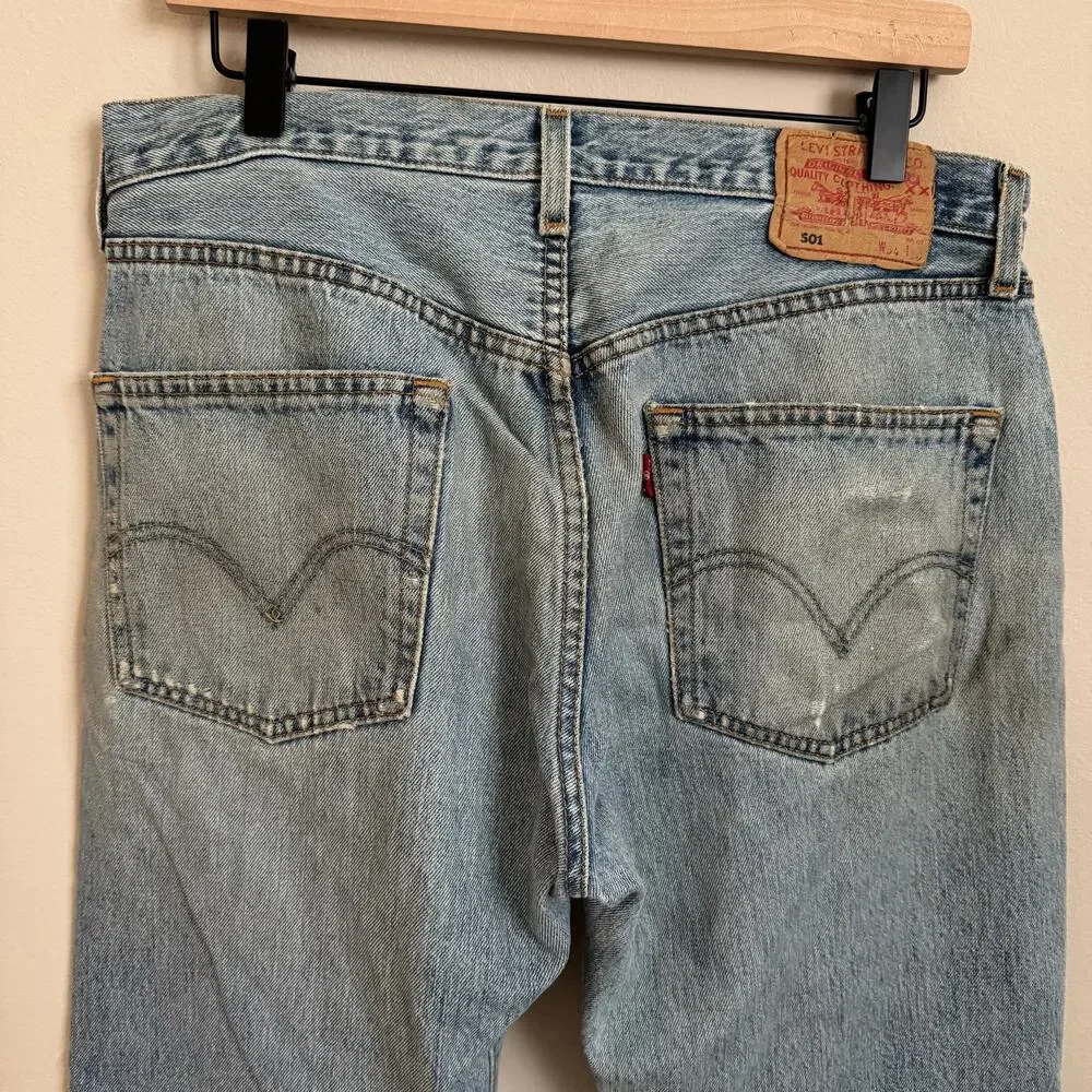 Vintage 90s Levis 501s Thrashed Light Wash Mens 34 x 30 Distressed Red Tab Jeans